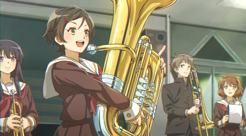 1boy 3girls black_hair blush brown_eyes brown_hair brown_serafuku brown_shirt brown_skirt closed_mouth commentary_request fuyuhino gakuran hair_ornament hairclip hibike!_euphonium highres holding holding_instrument instrument katou_hazuki kitauji_high_school_uniform kousaka_reina long_hair long_sleeves multiple_girls neckerchief open_mouth oumae_kumiko pleated_skirt purple_eyes red_neckerchief sailor_collar school_uniform serafuku shirt short_hair skirt teeth trombone trumpet tsukamoto_shuuichi tuba upper_teeth_only white_sailor_collar