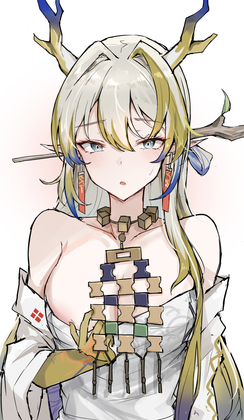 1girl :o absurdres arknights bare_shoulders blonde_hair blush breasts clothes_pull collarbone colored_skin dragon_girl dragon_horns earrings embarrassed eyes_visible_through_hair grey_eyes grey_hair grey_horns hair_between_eyes hair_intakes highres horns jacket jewelry large_breasts long_hair looking_at_viewer mango_(mgo) multicolored_hair necklace off_shoulder open_clothes open_jacket paid_reward_available parted_lips pointy_ears pulled_by_self purple_hair purple_horns shu_(arknights) single_sidelock sketch solo split_mouth strapless sweatdrop tube_top tube_top_pull upper_body white_background white_jacket white_tube_top yellow_horns