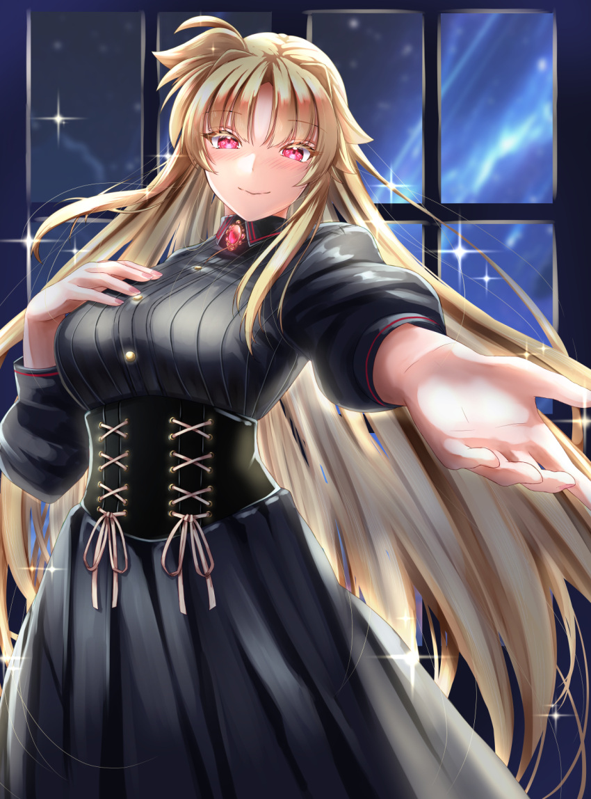 1girl alternate_costume black_dress blonde_hair blush blush_stickers breasts corset dress fate_testarossa goth_fashion highres jewelry large_breasts long_hair looking_at_viewer lyrical_nanoha night night_sky reaching reaching_towards_viewer red_eyes sky smile solo sougetsu_izuki sparkle very_long_hair window