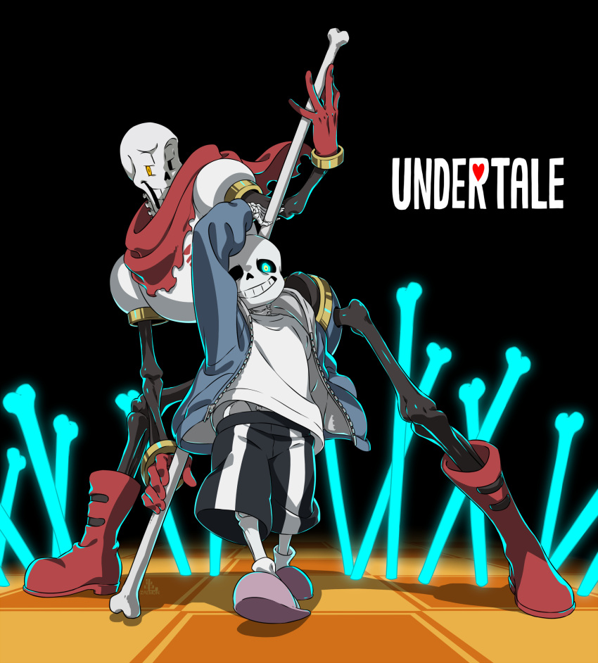 2boys ankle_boots arm_up black_background black_shorts blue_eyes blue_jacket bone boots brothers cape cel_shading commentary copyright_name full_body gloves glowing glowing_eye grin highres holding holding_bone hood hood_down hooded_jacket jacket kamezaemon leaning_to_the_side legs_apart looking_at_viewer male_focus multiple_boys open_clothes open_jacket papyrus_(undertale) pink_footwear red_cape red_footwear red_gloves sans shirt shorts siblings simple_background skeleton slippers smile socks torn_cape torn_clothes undertale walking white_shirt white_socks yellow_eyes zipper