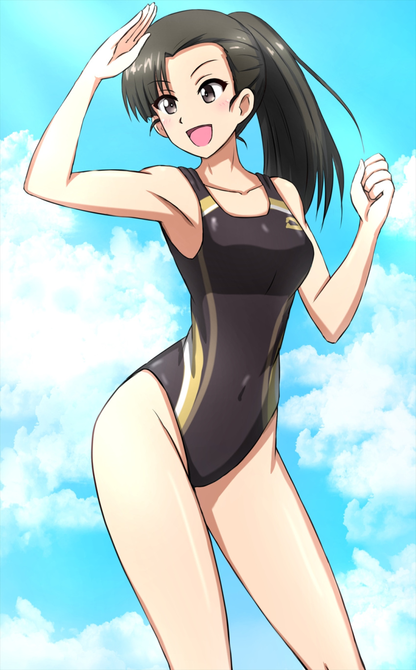 1girl :d alternate_hairstyle armpits asymmetrical_bangs black_eyes black_hair black_one-piece_swimsuit blue_sky breasts clenched_hand cloud cloudy_sky collarbone commentary competition_swimsuit contrapposto covered_navel cowboy_shot day feet_out_of_frame girls_und_panzer hair_up hand_up highres long_hair looking_ahead looking_to_the_side medium_breasts nishi_kinuyo omachi_(slabco) one-piece_swimsuit open_mouth outdoors ponytail shading_eyes sky smile solo standing straight_hair swimsuit