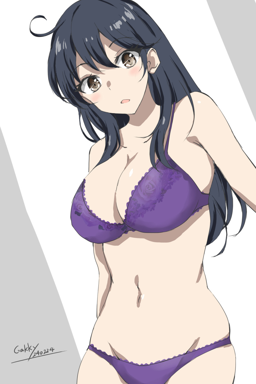 1girl ahoge blush bra breasts brown_eyes dated gakky highres kantai_collection large_breasts long_hair multiple_girls open_mouth panties purple_bra purple_panties signature smile solo underwear underwear_only ushio_(kancolle)