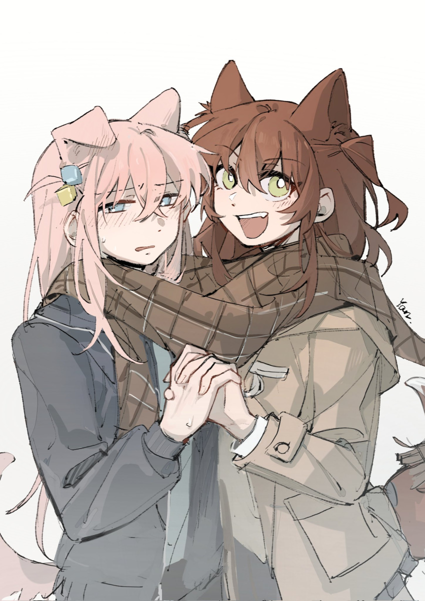 2girls black_jacket blue_eyes blush bocchi_the_rock! bright_pupils brown_coat brown_scarf chinese_commentary coat commentary_request cube_hair_ornament dog_girl dog_tail gotoh_hitori green_eyes hair_ornament highres holding_hands interlocked_fingers jacket kemonomimi_mode kita_ikuyo long_hair looking_at_viewer multiple_girls one_side_up open_mouth parted_lips pink_hair plaid plaid_scarf red_hair scarf shared_clothes shared_scarf simple_background smile sweatdrop tail upper_body white_background white_pupils yanlingjinshilihuahua yuri