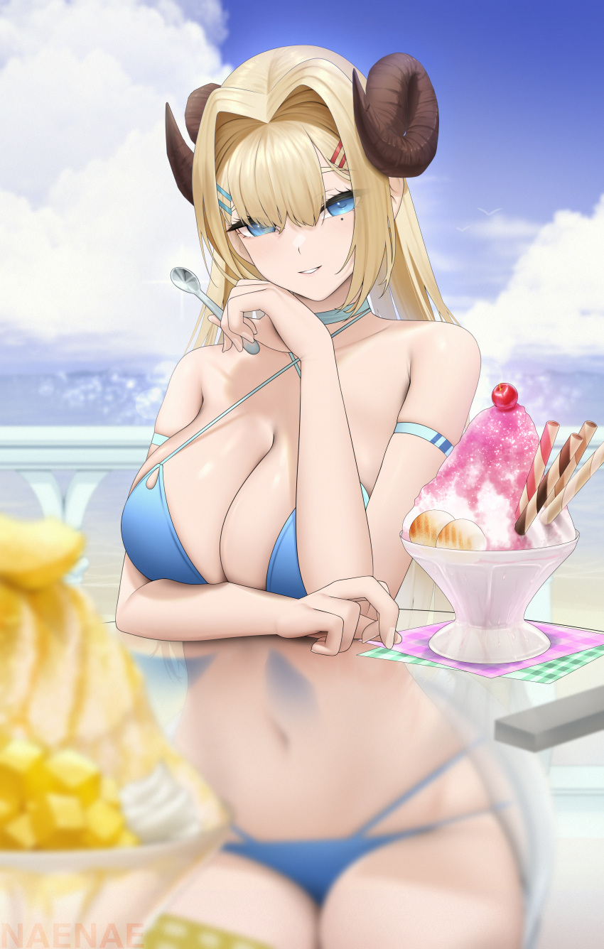 1girl absurdres ash_arms bikini blonde_hair blue_bikini blue_eyes breasts character_request cleavage curled_horns day fouriasensei glass_table hair_intakes hair_ornament hairclip highres holding holding_spoon horns large_breasts long_hair looking_at_viewer mole mole_under_eye navel outdoors sideboob smile solo spoon swimsuit table