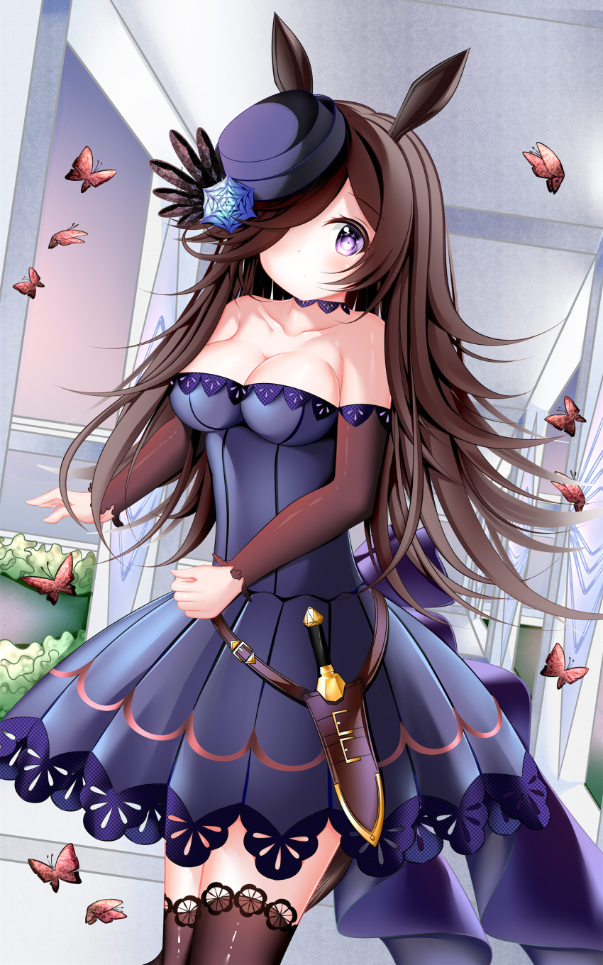 1girl absurdres animal_ears bare_shoulders black_hair blue_dress blue_flower blue_headwear blue_rose bow breasts bug butterfly ce4wgd cleavage closed_mouth commentary_request cowboy_shot dress dress_bow flower fur_collar hair_over_one_eye hat hat_flower highres horse_ears horse_girl long_hair looking_at_viewer medium_breasts off-shoulder_dress off_shoulder outdoors purple_eyes rice_shower_(umamusume) rose sheath sheathed short_dress smile solo tilted_headwear umamusume