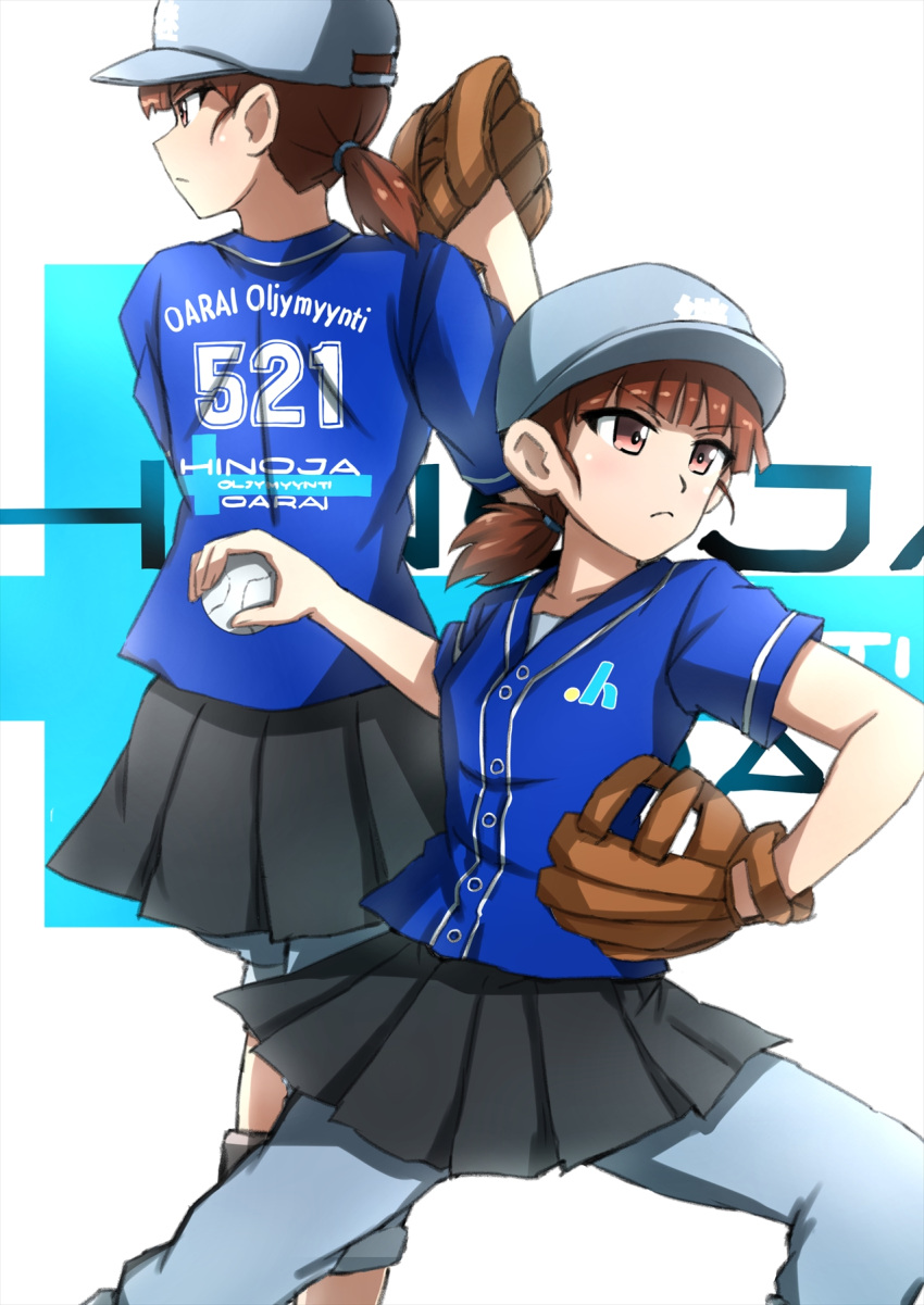 1girl ball baseball baseball_cap baseball_mitt black_skirt blue_headwear blue_pants blue_shirt blunt_bangs closed_mouth clothes_writing commentary finnish_text frown girls_und_panzer hair_tie hat highres holding holding_ball looking_to_the_side low_twintails mikko_(girls_und_panzer) omachi_(slabco) pants pants_under_skirt pleated_skirt red_eyes red_hair romaji_text shirt short_hair short_sleeves short_twintails skirt standing throwing track_pants twintails