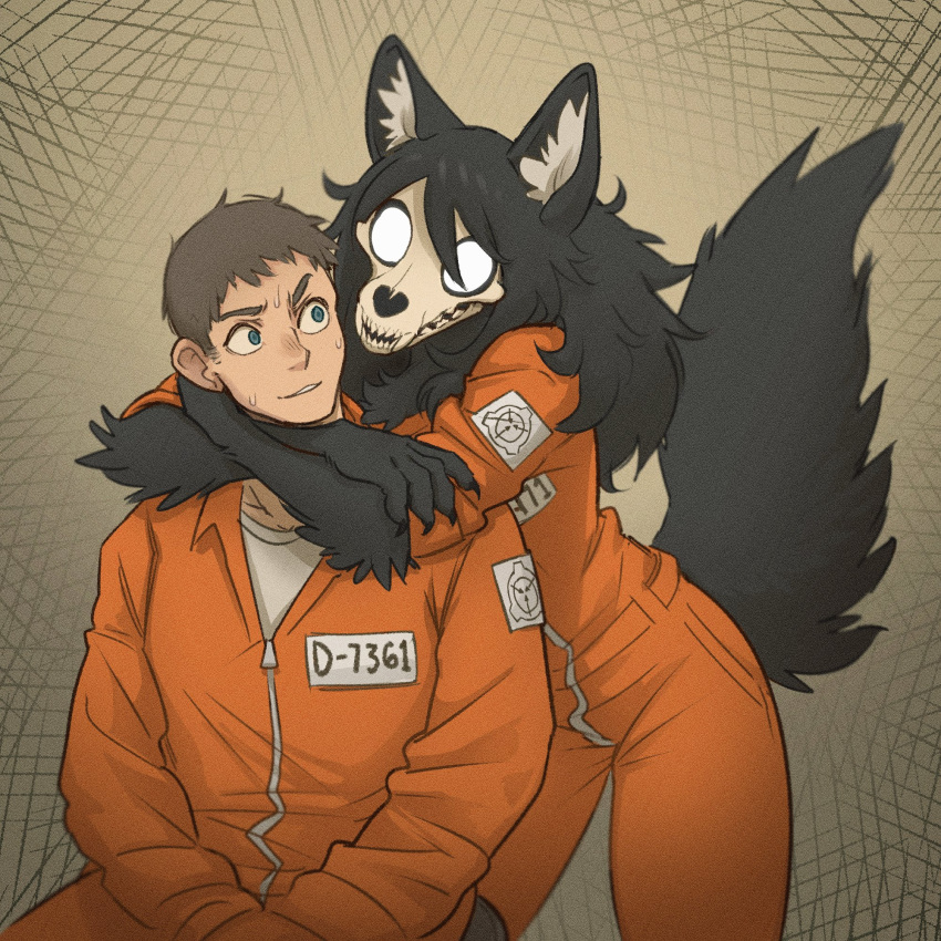 1:1 2024 anthro bangs black_body black_fur black_hair blue_eyes bodily_fluids bone brown_hair canid canine canis chest_tuft claws clothing d-class dialogue duo embrace eye_contact fangs female fluffy fluffy_chest fluffy_tail fur hair hi_res hug hugging_from_behind human inner_ear_fluff jumpsuit long_hair looking_at_another mal0 male male/female mammal messy_hair nervous nervous_smile nervous_sweat orange_clothing prison_uniform prisoner pupils scp-1471 scp-1471-a scp_foundation shirt simple_background sitting skull skull_head standing sweat sweatdrop tail tateoftot teeth text topwear tuft undead white_clothing white_eyes white_pupils white_shirt white_topwear wolf wolf_ears