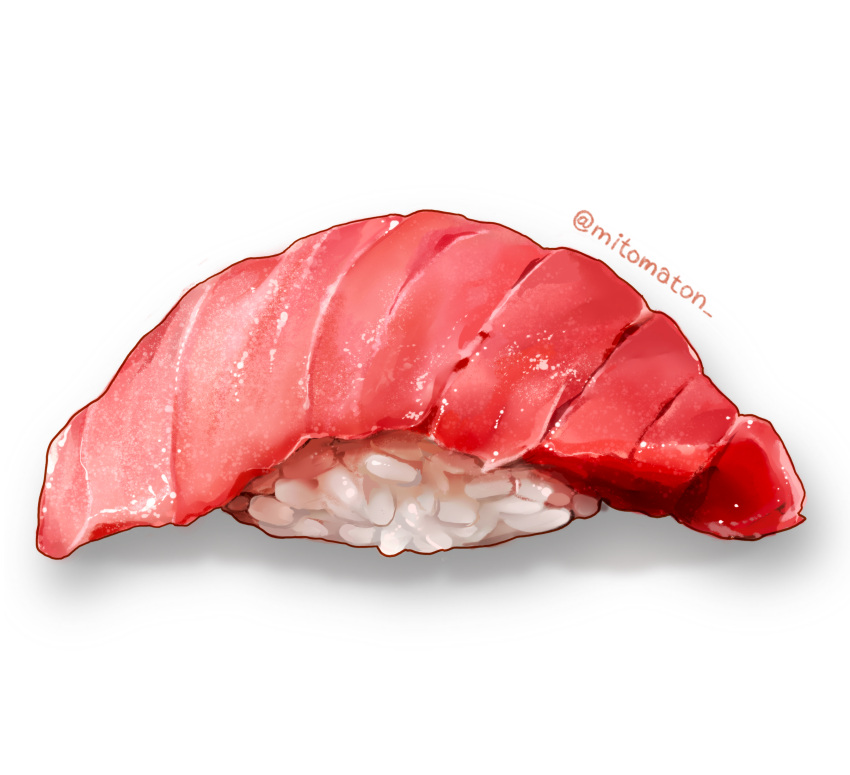 commentary fish_(food) food food_focus highres mitomaton nigirizushi no_humans original realistic rice simple_background still_life sushi tuna twitter_username white_background