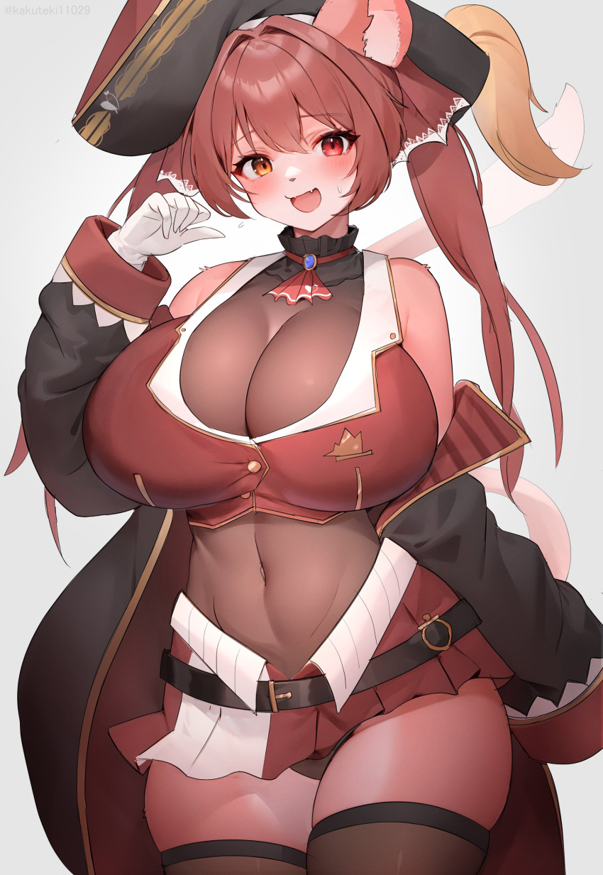 1girl absurdres animal_ears ascot bicorne black_jacket black_thighhighs breasts brown_leotard cat_ears cat_girl cat_tail choker cleavage contrapposto cowboy_shot cropped_vest frilled_choker frills furry furry_female gloves hair_intakes hair_ribbon hat heterochromia highres hololive houshou_marine houshou_marine_(1st_costume) huge_breasts jacket kyuuri24 leather_belt leotard leotard_under_clothes long_hair long_sleeves looking_at_viewer microskirt midriff navel off_shoulder open_mouth pink_fur pirate_hat pleated_skirt red_ascot red_eyes red_hair red_skirt red_vest ribbon see-through see-through_cleavage see-through_leotard simple_background skindentation skirt solo stomach tail thighhighs twintails vest virtual_youtuber white_background white_gloves wing_collar yellow_eyes