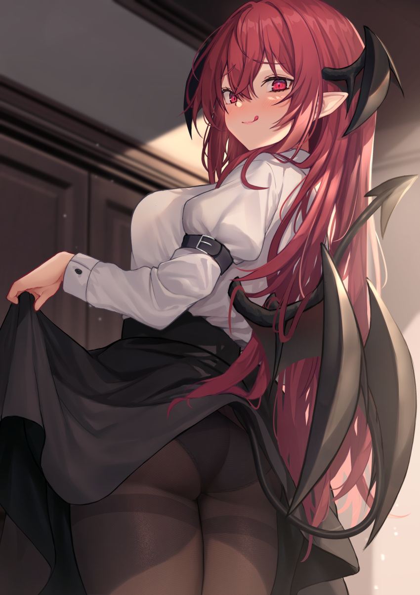 1girl :q ass black_skirt breasts brown_pantyhose commentary_request cowboy_shot demon_tail demon_wings head_wings highres indoors juliet_sleeves koakuma large_breasts long_hair long_sleeves looking_at_viewer pantyhose puffy_sleeves red_eyes red_hair shirt skirt skirt_hold smile solo standing tail thighband_pantyhose thighs tongue tongue_out touhou very_long_hair white_shirt wings wowoguni