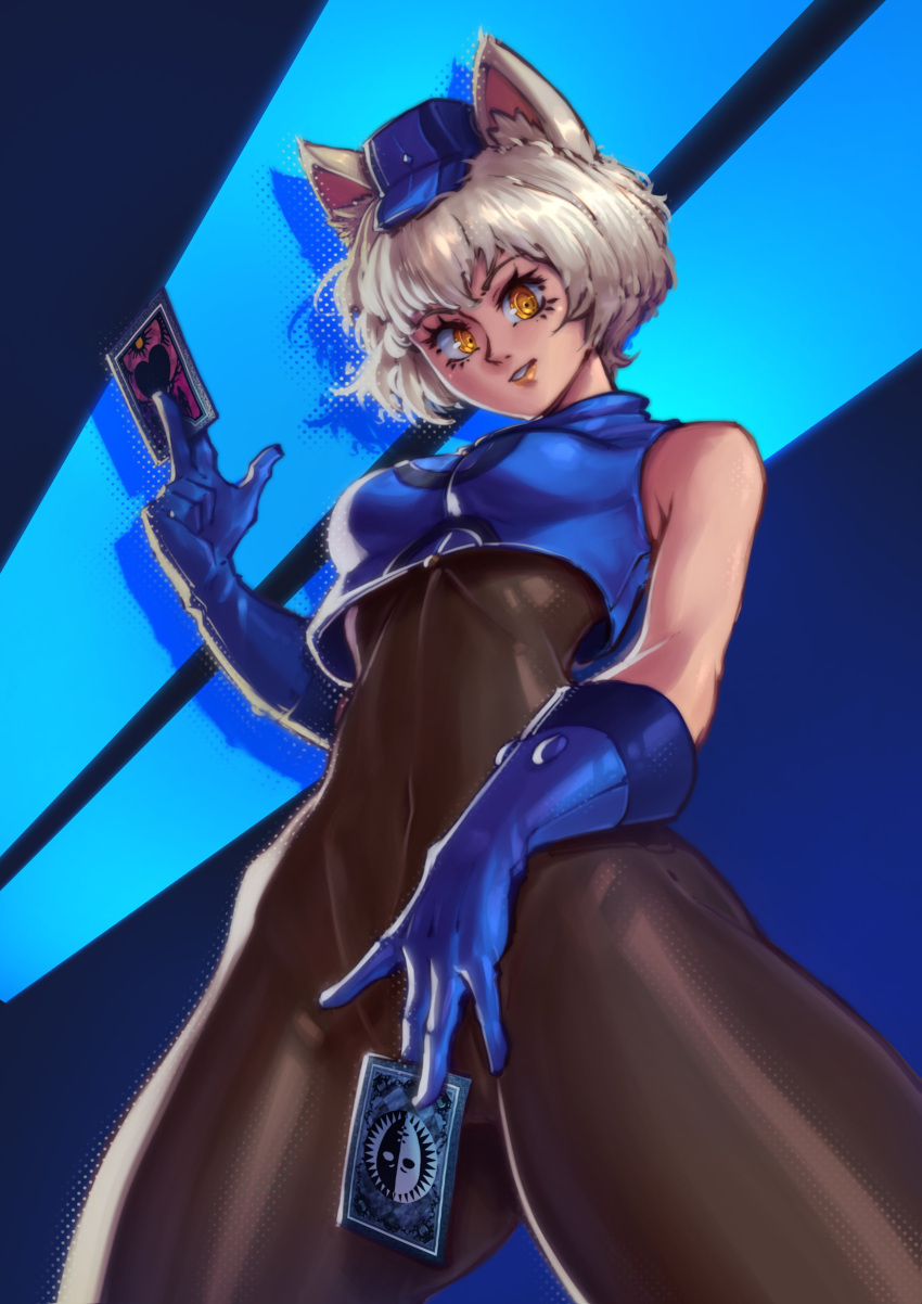 absurdres animal_ears black_bodysuit blue_gloves blue_headwear bodysuit card cat_ears crop_top cropped_jacket elizabeth_(persona) from_below gloves hatidraw highres holding holding_card persona persona_3 skin_tight smile white_hair yellow_eyes