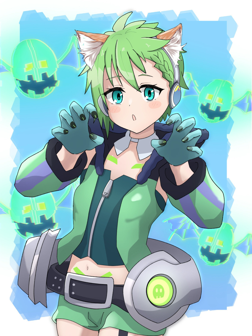 1girl :o absurdres animal_ears arima_rio belt black_belt blue_eyes blue_gloves blush braid cat_ears claw_pose detached_collar detached_sleeves flat_chest fur-trimmed_hoodie fur_trim gloves green_hair green_hoodie green_skirt green_tube_top headphones highres hokuro._(ho_5822) hood hood_down hoodie looking_at_viewer macross macross_delta miniskirt navel open_mouth reina_prowler skirt sleeveless sleeveless_hoodie solo strapless tube_top