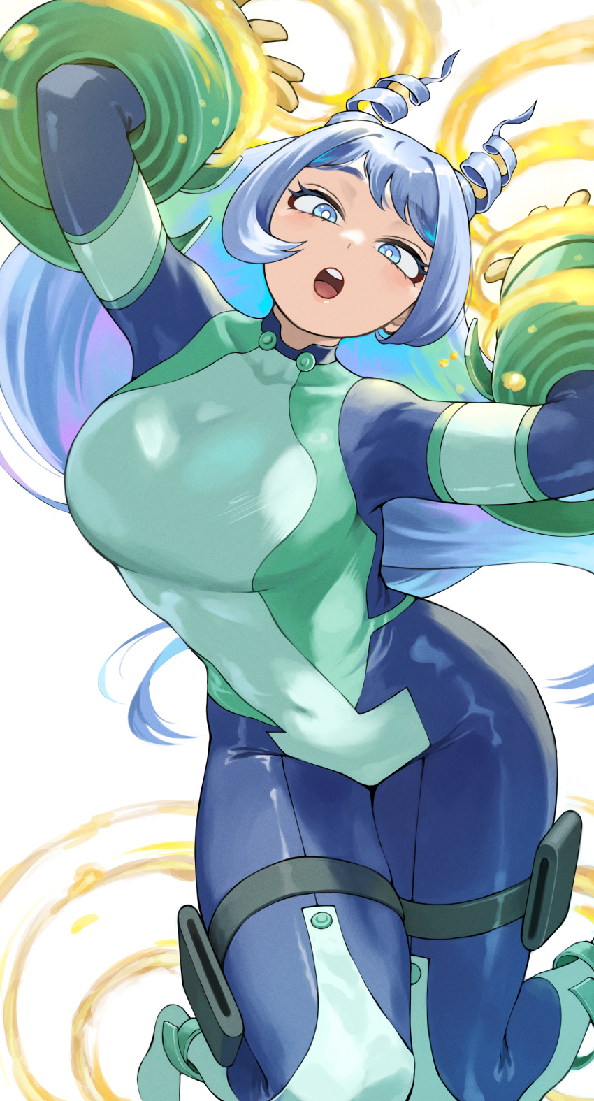 1girl absurdres blue_bodysuit blue_eyes blue_hair bodysuit boku_no_hero_academia breasts bright_pupils commentary commentary_request drill_hair fengling_(furin-jp) gloves green_bodysuit hadou_nejire highres long_hair looking_at_viewer multicolored_bodysuit multicolored_clothes open_mouth simple_background skin_tight solo superhero very_long_hair white_background white_pupils
