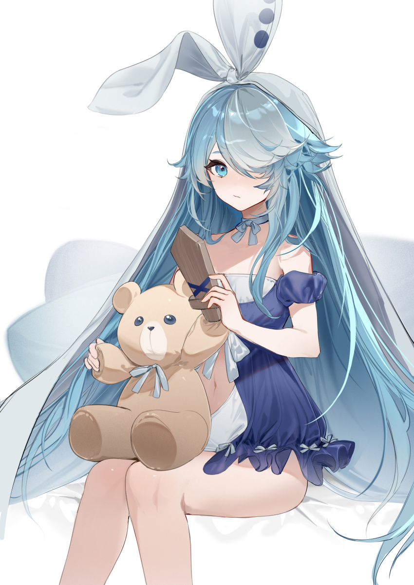 1girl :/ absurdres azur_lane bare_arms bare_legs blanket blue_eyes blue_hair blue_ribbon bow breasts choker closed_mouth clothing_cutout collarbone commentary hair_bow hair_over_one_eye highres holding holding_stuffed_toy knees_together_feet_apart lingerie long_hair looking_at_viewer maille-breze_(azur_lane) maille-breze_(the_noble_knight's_last_stand)_(azur_lane) md5_mismatch multicolored_hair navel navel_cutout negligee off_shoulder official_alternate_costume pajamas ribbon ribbon_choker shibuya_(kurokamishain) sitting small_breasts solo streaked_hair stuffed_animal stuffed_toy sword teddy_bear underwear very_long_hair weapon white_bow wooden_sword