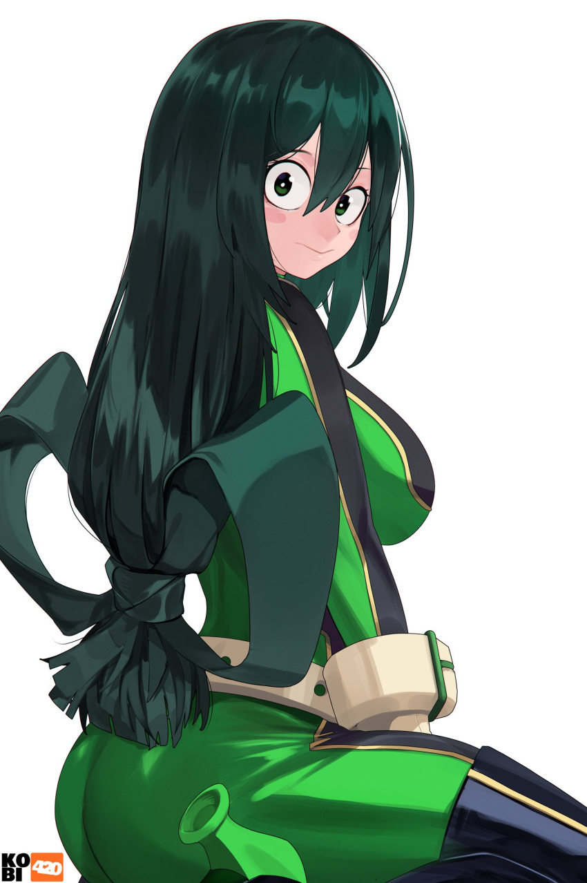 1girl :&gt; artist_logo artist_name ass asui_tsuyu black_footwear blush_stickers bodysuit boku_no_hero_academia boots breasts bright_pupils closed_mouth commentary double-parted_bangs expressionless from_side green_bodysuit green_eyes green_hair hair_between_eyes hair_rings highres kobi420 large_breasts long_hair looking_at_viewer low-tied_long_hair seiza simple_background sitting skin_tight solo superhero symbol-only_commentary thigh_boots turning_head very_long_hair white_background white_pupils