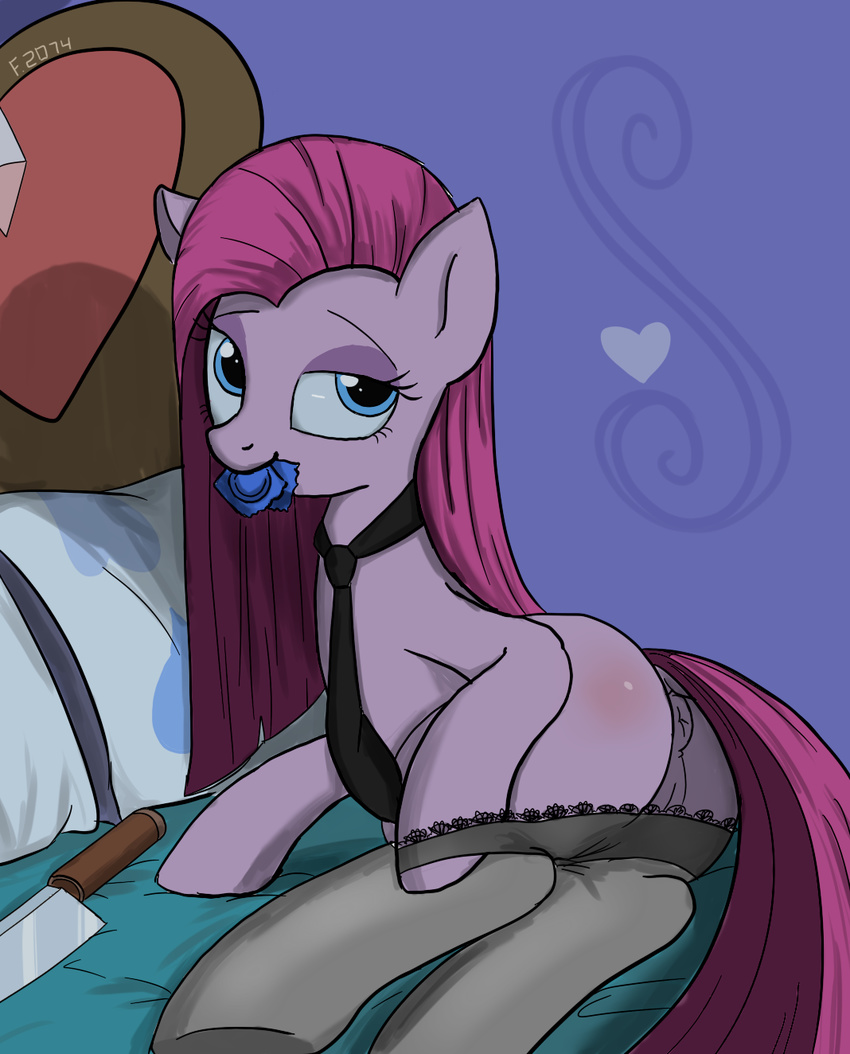 &lt;3 2016 2074 anus bed blue_eyes butt clothed clothing condom condom_in_mouth dock earth_pony equine female feral friendship_is_magic hair horse knife long_hair looking_back mammal my_little_pony on_bed pillow pink_hair pinkamena_(mlp) pinkie_pie_(mlp) pony pussy solo
