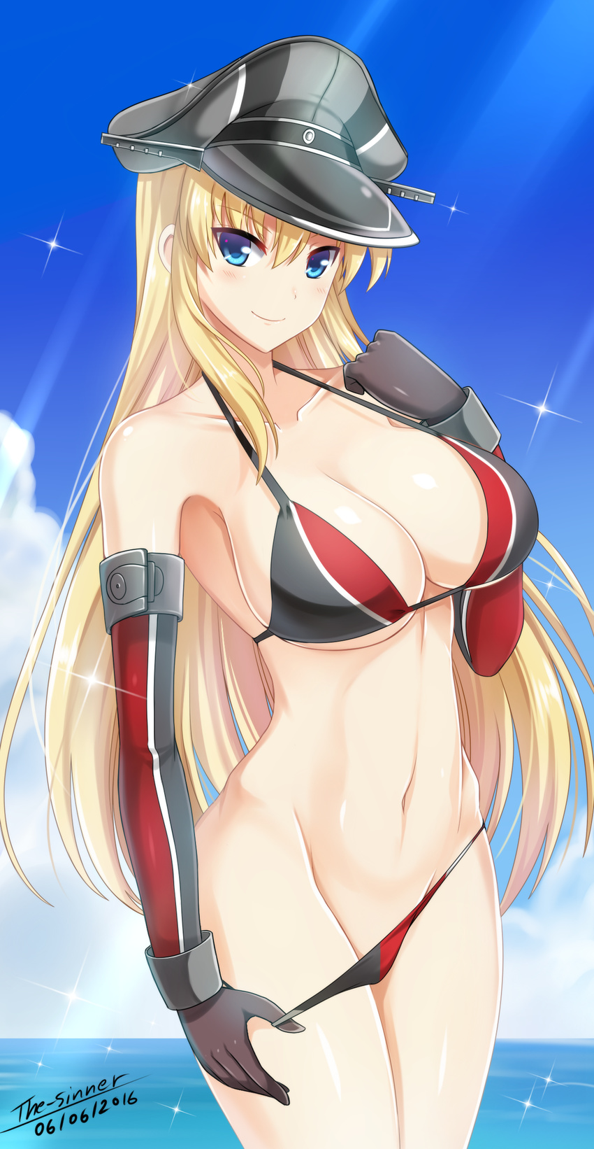 2016 absurdres adapted_costume arm_at_side artist_name bikini bikini_pull bismarck_(kantai_collection) black_gloves blonde_hair blue_eyes blue_sky breasts cleavage cloud collarbone dated day elbow_gloves gloves grey_bikini grey_hat groin hat highres kantai_collection large_breasts light_rays long_hair navel peaked_cap pulled_by_self red_bikini sky solo stomach summer sunlight swimsuit the-sinner very_long_hair