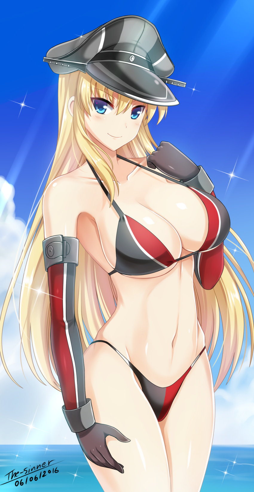2016 absurdres adapted_costume arm_at_side artist_name bikini bismarck_(kantai_collection) black_gloves blonde_hair blue_eyes blue_sky breasts cleavage cloud collarbone dated day elbow_gloves gloves grey_bikini grey_hat hat highres kantai_collection large_breasts light_rays long_hair navel peaked_cap red_bikini sky solo stomach summer sunlight swimsuit the-sinner very_long_hair