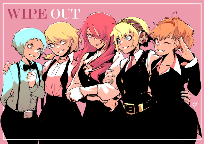 5girls aegis_(persona) arm_around_shoulder arm_around_waist belt blonde_hair blue_hair bow bowtie brown_hair greatdekutri hair_over_one_eye kirijou_mitsuru locked_arms multiple_girls necktie open_collar persona persona_3 persona_3_portable pink_background red_hair shiomi_kotone short_hair smile smle suit suspenders takeba_yukari waistcoat yamagishi_fuuka