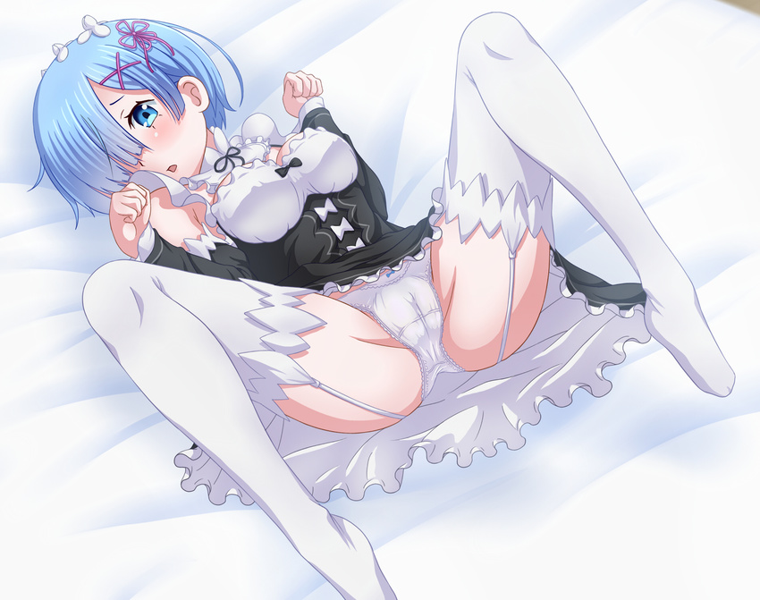 bed_sheet blue_eyes blue_hair blush bow bow_panties breasts cameltoe cleavage detached_collar detached_sleeves dress garter_straps hair_ornament hair_over_one_eye highres looking_at_viewer lying maid maid_headdress medium_breasts on_back on_bed open_mouth ossannoa panties paw_pose re:zero_kara_hajimeru_isekai_seikatsu rem_(re:zero) short_hair solo spread_legs thighhighs underbust underwear white_legwear white_panties x_hair_ornament