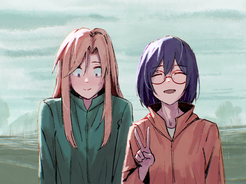 2girls black_hair blonde_hair blue_eyes blush closed_eyes closed_mouth commentary egakuning english_commentary fang glasses green_jacket green_sky highres jacket kamikoshi_sorawo long_hair multiple_girls nishina_toriko open_mouth orange_jacket outdoors short_hair smile upper_body urasekai_picnic very_long_hair