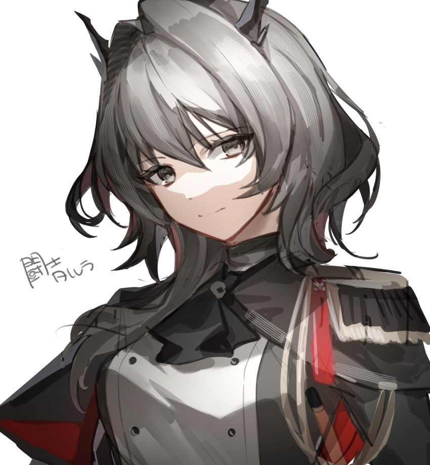 1girl aiguillette arknights black_capelet capelet closed_mouth epaulettes fringe_trim goma_74umai grey_eyes grey_hair hair_between_eyes hair_intakes highres horns jacket looking_at_viewer medium_hair military_jacket portrait sidelocks simple_background smile solo talulah_(arknights) talulah_the_fighter_(arknights) translation_request white_background