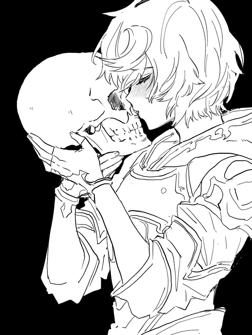 1boy armor bishounen black_background blush breastplate closed_eyes english_commentary fingerless_gloves flat_color from_side gloves granblue_fantasy hair_between_eyes highres holding holding_skull hood hood_down implied_yaoi kiss kissing_skull messy_hair profile sandalphon_(granblue_fantasy) short_hair shoulder_armor skull upper_body wahoosandalphon