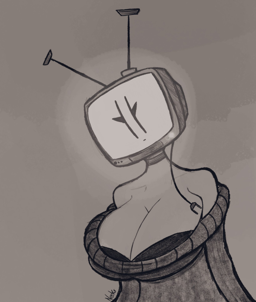 big_breasts bra breasts bust_portrait choker cleavage clothed clothing digital_drawing_(artwork) digital_media_(artwork) electronics eyelashes female for_a_head grey_background greyscale hi_res humanoid jewelry looking_at_viewer monochrome necklace neutral_expression not_furry object_head plug portrait screen screen_face screen_head signature simple_background simple_eyes solo strapless_bra strapless_clothing strapless_underwear sweater tabitha_(ultraneeks) television three-quarter_view topwear tv_head ultraneeks underwear