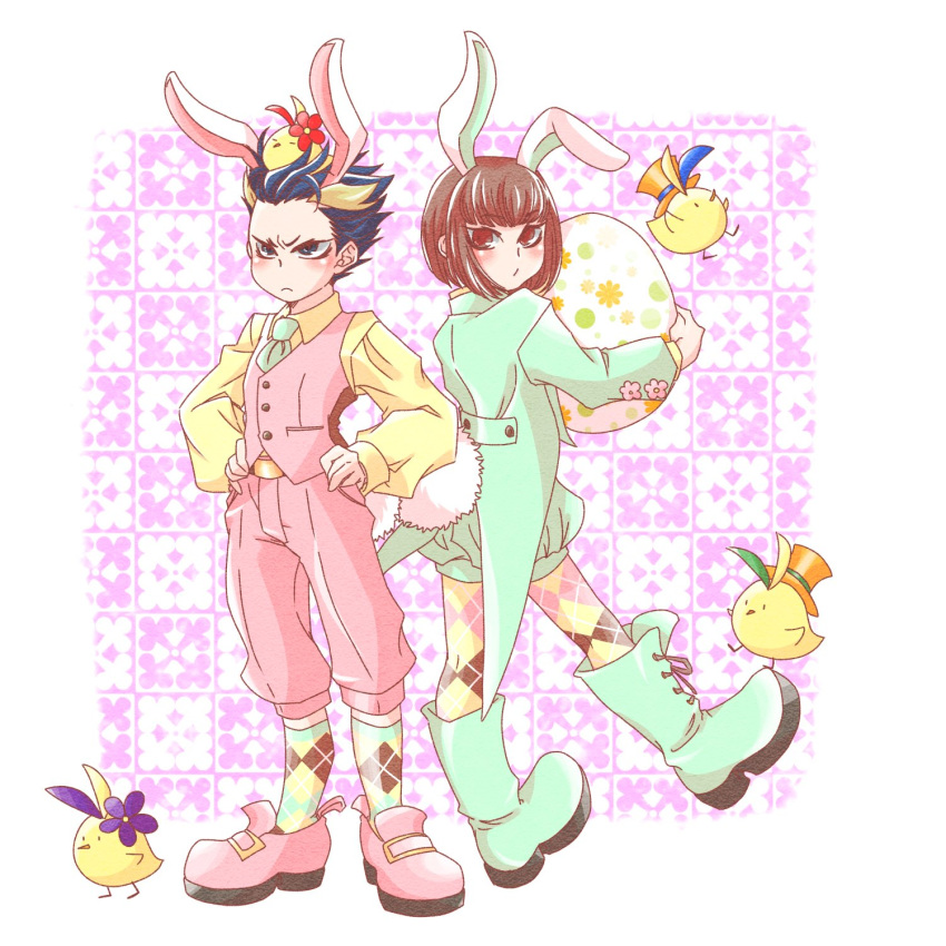 2boys alternate_costume animal_ears animal_on_head bird blue_hair boots bowl_cut brown_hair coat easter easter_egg egg fatal_fury flower green_coat green_footwear hair_flower hair_ornament hat highres jin_chonrei jin_chonshu jinko_nemui multicolored_hair multiple_boys on_head pants patterned_background patterned_clothing pink_footwear pink_pants pink_vest platform_boots platform_footwear rabbit_ears rabbit_tail streaked_hair tail top_hat vest