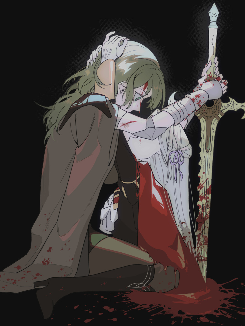 2girls arms_around_neck b_(wldms6650) black_background black_cape black_footwear black_jacket black_pantyhose blood blood_on_clothes blood_on_face blood_on_weapon byleth_(female)_(fire_emblem) byleth_(fire_emblem) cape commentary_request edelgard_von_hresvelg fire_emblem fire_emblem:_three_houses gauntlets green_eyes green_hair hair_ribbon hands_on_another's_head high_heels highres holding holding_sword holding_weapon jacket long_hair looking_at_another multiple_girls pantyhose planted planted_sword purple_ribbon red_cape ribbon simple_background sitting sword wariza weapon white_hair yuri