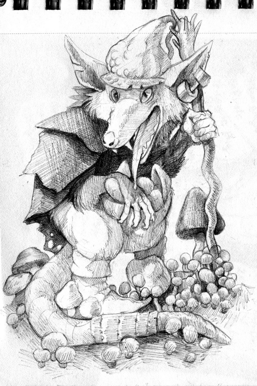 2023 5_fingers american_opossum anthro claws cloak clothed clothing crouching ear_piercing female finger_claws fingers footwear fungus hat headgear headwear hi_res holding_object holding_staff looking_at_viewer mammal marsupial momamo monochrome mushroom notched_ear open_mouth piercing pouch_(anatomy) pouch_purse shoes simple_background sketch solo staff teeth tongue tongue_out traditional_media_(artwork) white_background