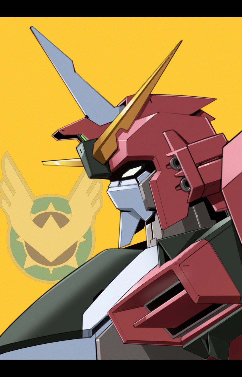 asaba_naoto from_side gundam gundam_seed gundam_seed_destiny highres infinite_justice_gundam insignia letterboxed mecha mecha_focus mobile_suit no_humans portrait profile robot science_fiction solo v-fin white_eyes yellow_background