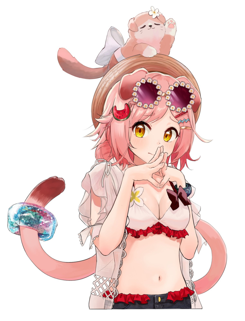 1girl animal_ears animal_on_head arata_haru arknights bikini bikini_top_only black_shorts blush cat cat_ears cat_girl cat_tail commentary cowboy_shot cropped_legs dot_nose food-themed_hair_ornament goldenglow_(arknights) goldenglow_(summer_flowers)_(arknights) hair_ornament hat highres infection_monitor_(arknights) looking_at_viewer nervous on_head pink_cat pink_hair purple-tinted_eyewear short_hair shorts simple_background solo steepled_fingers straw_hat sunglasses swimsuit swimsuit_cover-up tail tinted_eyewear watermelon_hair_ornament white_background white_bikini yellow_eyes