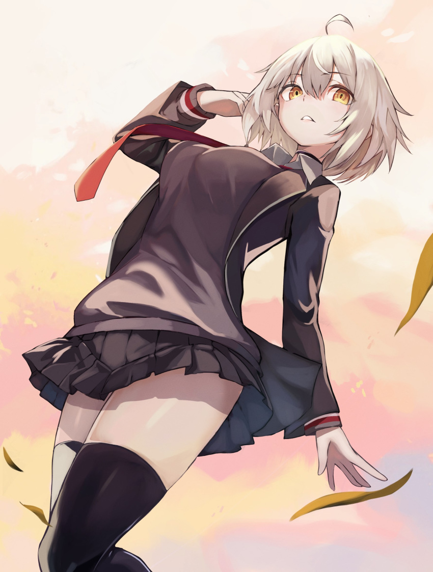 1girl ahoge blush breasts fate/grand_order fate_(series) genshu_doki grey_hair highres jeanne_d'arc_alter_(avenger)_(fate) jeanne_d'arc_alter_(fate) large_breasts long_sleeves looking_to_the_side parted_lips school_uniform short_hair skirt solo yellow_eyes