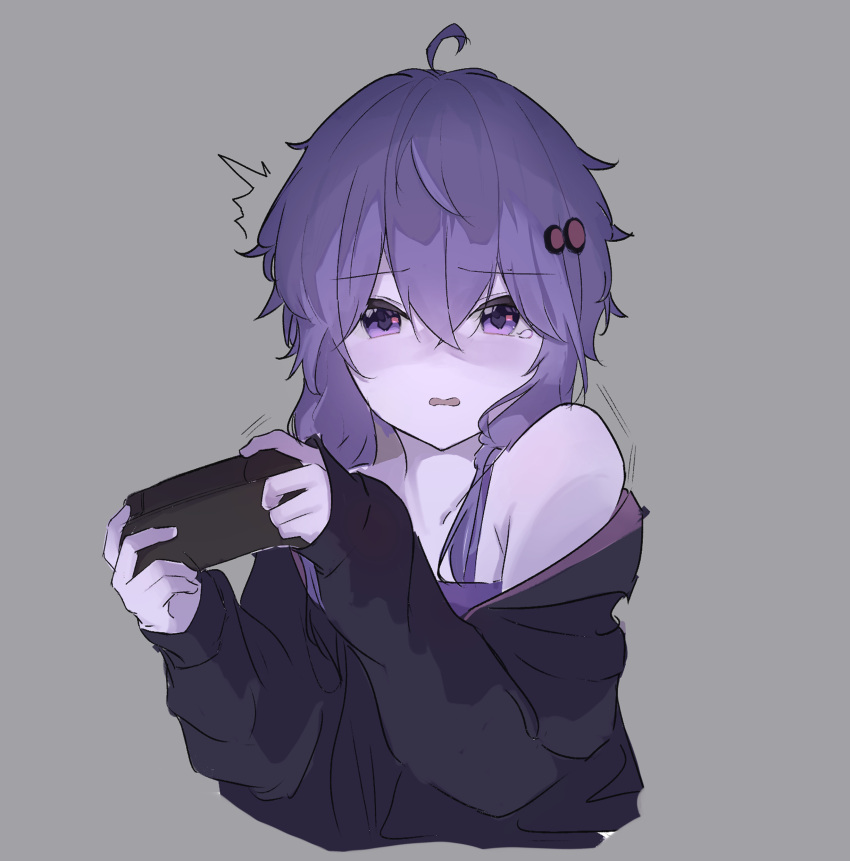 1girl ^^^ absurdres ahoge bare_shoulders black_jacket camisole collarbone colored_skin controller cropped_torso game_controller grey_background hair_between_eyes hair_ornament highres holding holding_controller jacket long_sleeves looking_at_viewer low_twintails off_shoulder open_mouth purple_camisole purple_eyes purple_hair purple_skin simazuzuzuzu simple_background solo tearing_up tears trembling twintails upper_body voiceroid yuzuki_yukari