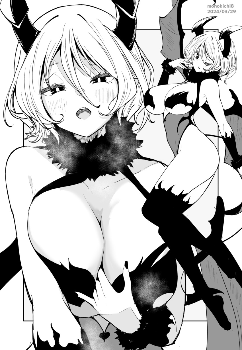 1girl artist_name bare_shoulders breasts collarbone commentary_request dated demon_girl demon_wings full_body fur-trimmed_collar fur_trim gloves grey_background hair_between_eyes highres horns kichihachi large_breasts looking_at_viewer monochrome multiple_views one_eye_closed original short_hair thighhighs thighs two-tone_background white_background wings