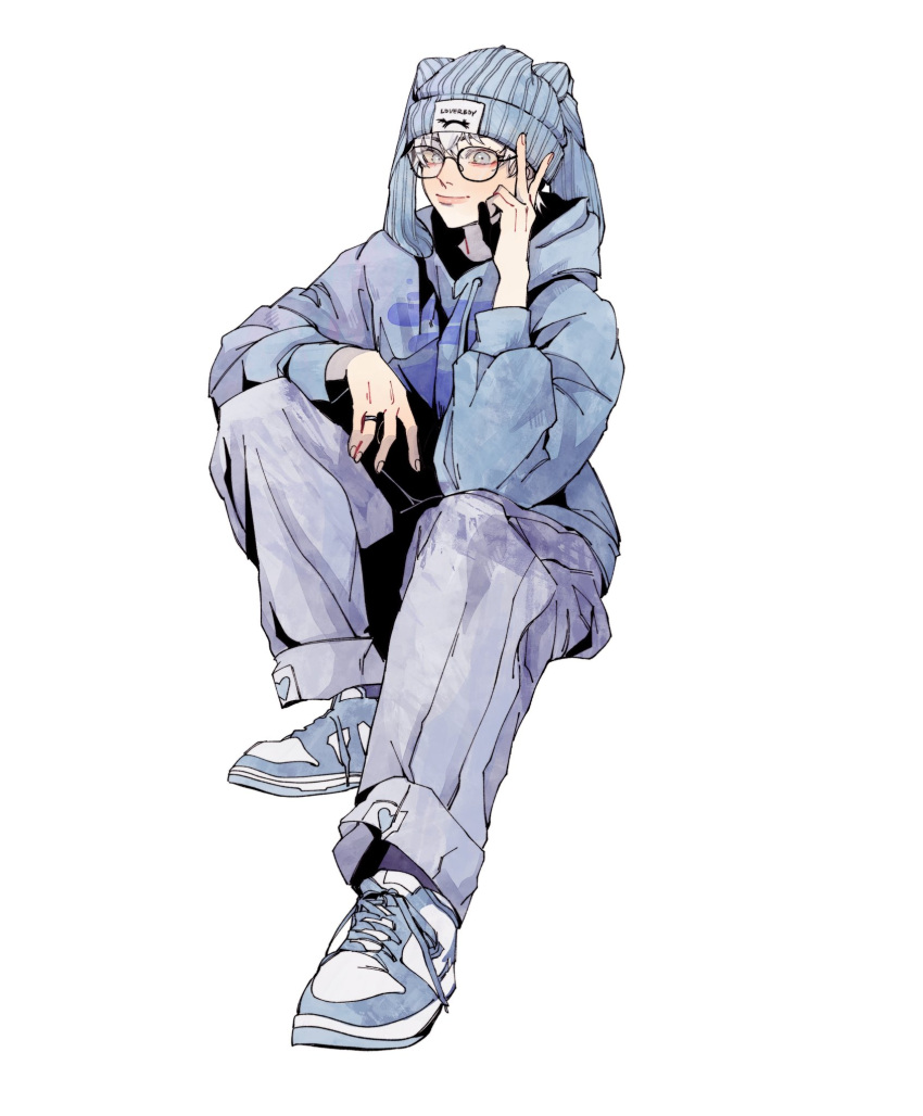 1boy alternate_costume animal_ear_headwear arm_on_knee beanie blue_eyes blue_footwear blue_hat blue_hoodie elbow_on_knee glasses gojou_satoru grey_pants hand_up hat highres hood hoodie jujutsu_kaisen knees_up male_focus pants rabbit-ear_headwear rokitokkii round_eyewear shoes simple_background sitting sneakers solo v white_background white_hair