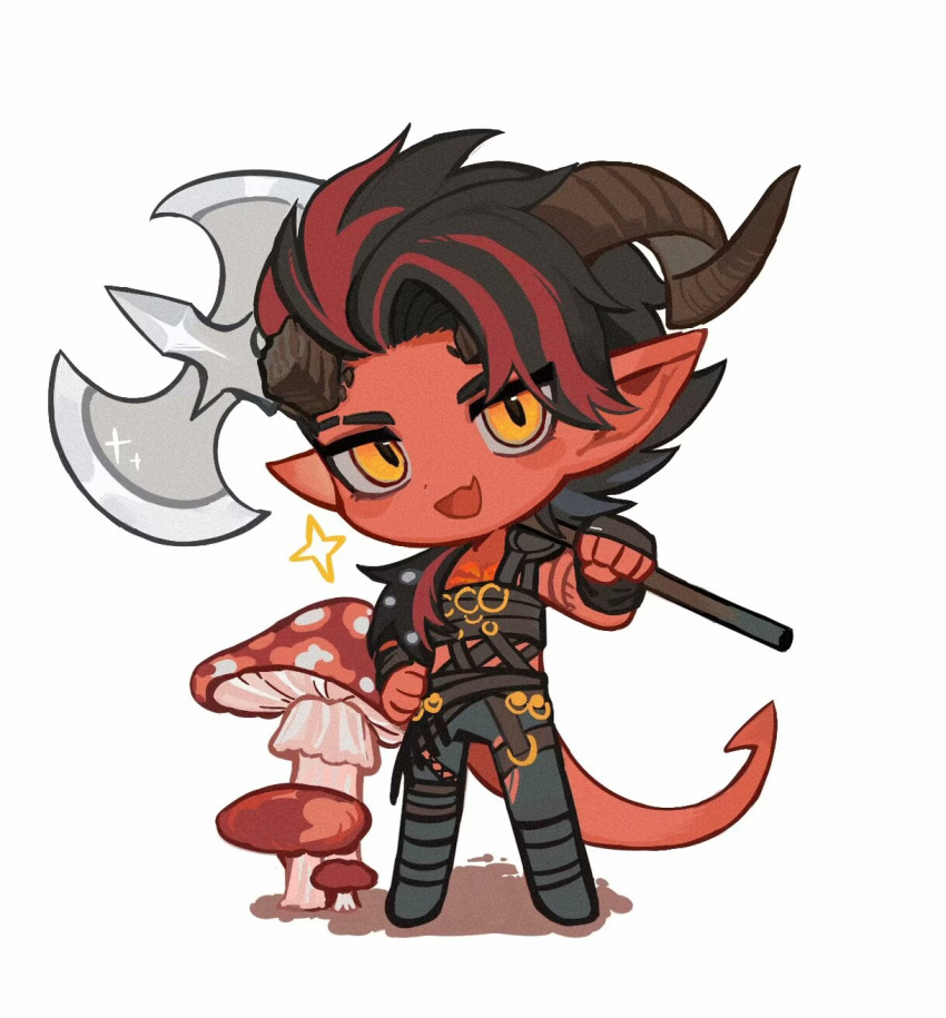 1girl :d arm_guards axe baldur's_gate baldur's_gate_3 black_hair black_pants broken_horn chest_harness chibi chibi_only chinese_commentary colored_skin commentary_request curled_horns demon_girl demon_horns demon_tail dungeons_&amp;_dragons fang hand_on_own_hip harness highres holding holding_axe horns karlach legs_apart looking_at_viewer medium_hair mengta230 multicolored_hair mushroom open_mouth over_shoulder pants pointy_ears red_hair red_skin simple_background skin_fang smile solo sparkle standing streaked_hair swept_bangs tail tiefling two-tone_hair weapon weapon_over_shoulder white_background yellow_eyes