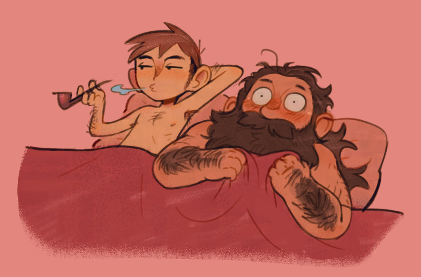 2boys afterglow bara beard blush body_hair brown_hair chilchuck_tims cigarette couple covering_chest covering_privates dungeon_meshi facial_hair full_beard hairy highres i_love_when_people_draw_ships_like_this_actually_(meme) implied_sex long_beard looking_ahead male_focus mature_male meme multiple_boys muscular_uke on_bed reaipepsiman senshi_(dungeon_meshi) skinny smoking sparse_arm_hair thick_arm_hair thick_beard thick_eyebrows under_covers upper_body yaoi