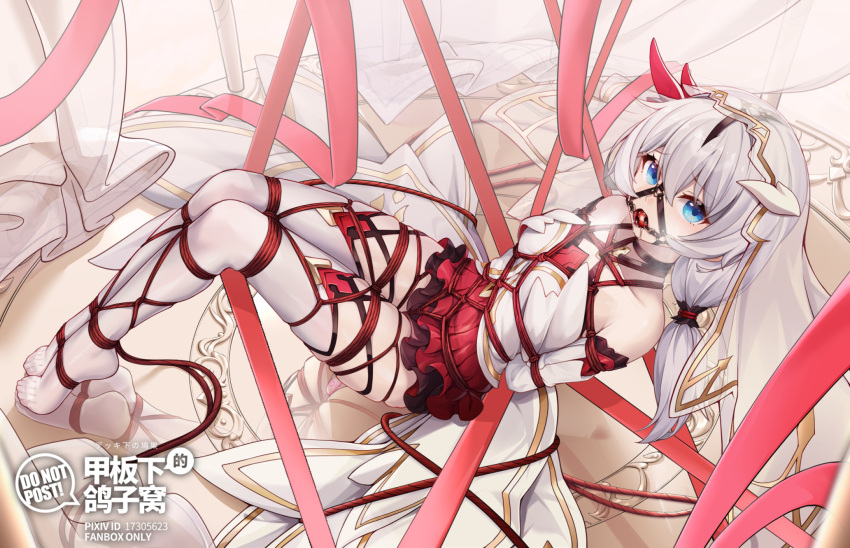 1girl arms_behind_back ball_gag bare_shoulders bdsm blue_eyes bondage bound bound_ankles bound_arms bound_legs bound_thighs bound_torso bound_wrists dress feet full_body gag gagged gloves hair_between_eyes hair_ornament highres honkai_(series) honkai_impact_3rd long_hair looking_at_viewer miniskirt no_shoes red_skirt reflection restrained rope shibari shibari_over_clothes side_ponytail skirt soles solo suspension theresa_apocalypse thighhighs thighs veil white_hair white_thighhighs yiduan_zhu