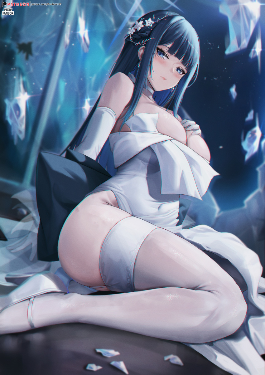 1girl absurdres ass black_hair blue_archive blue_eyes blue_hair blue_halo blush breasts choker cleavage closed_mouth colored_inner_hair dress earrings elbow_gloves gloves hair_ornament halo high_heels highres jewelry kuutamo large_breasts long_hair looking_at_viewer multicolored_hair official_alternate_costume saori_(blue_archive) saori_(dress)_(blue_archive) solo strapless strapless_dress thighhighs web_address white_choker white_dress white_footwear white_gloves white_thighhighs