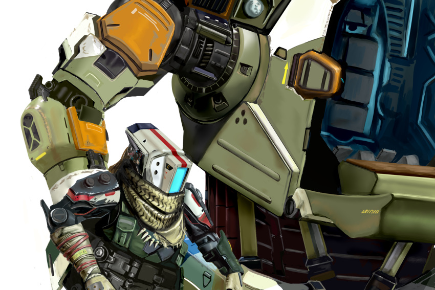 1other brown_scarf bt-7274 bulletproof_vest cockpit gusori_01 highres humanoid_robot lifting_person looking_down mecha no_humans phase_shift_pilot_(titanfall_2) pilot_(titanfall_2) piston robot scarf simple_background simulacrum_(titanfall) titanfall_(series) titanfall_2 white_background
