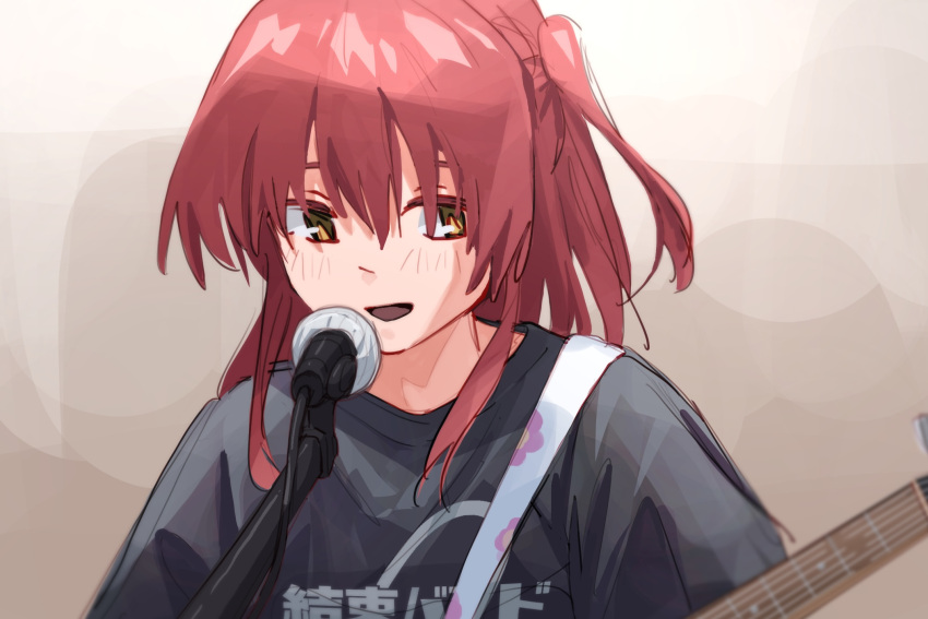 1girl black_shirt blush bocchi_the_rock! brown_eyes commentary egakuning electric_guitar english_commentary guitar highres instrument kessoku_band_t-shirt kita_ikuyo long_hair microphone music one_side_up open_mouth playing_guitar red_hair shirt shoulder_strap singing smile solo upper_body