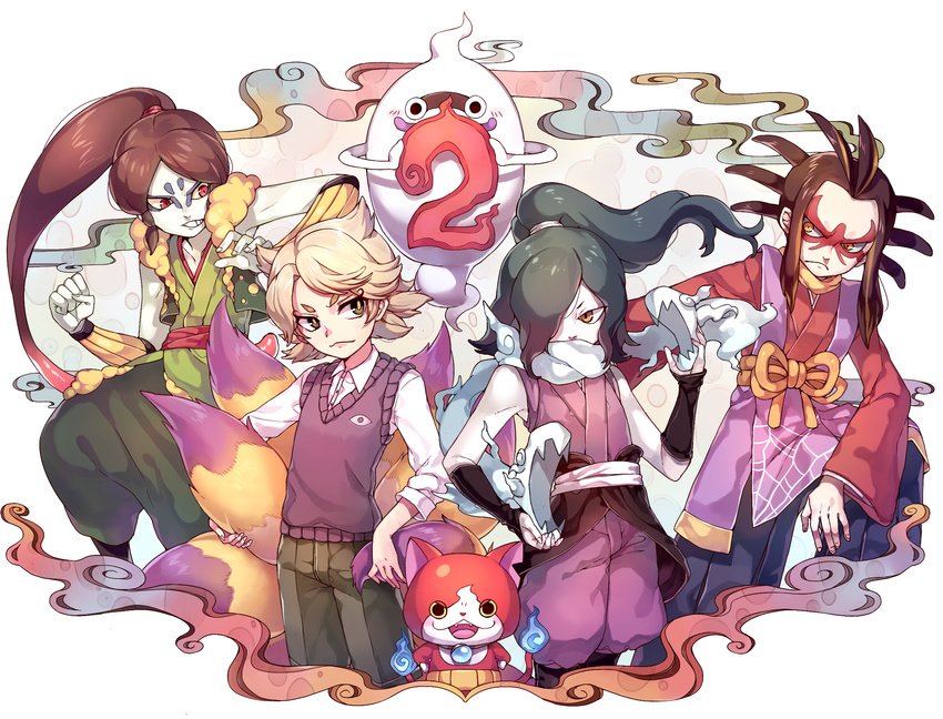 dress ghost highres japanese_clothes jibanyan kyuubi_(youkai_watch) male_focus monster_boy nekomata no_humans notched_ear oogama_(youkai_watch) orochi_(youkai_watch) ponytail rojiko sleeveless sweater sweater_dress tsuchigumo tsuchigumo_(youkai_watch) whisper_(youkai_watch) yellow_eyes youkai youkai_watch