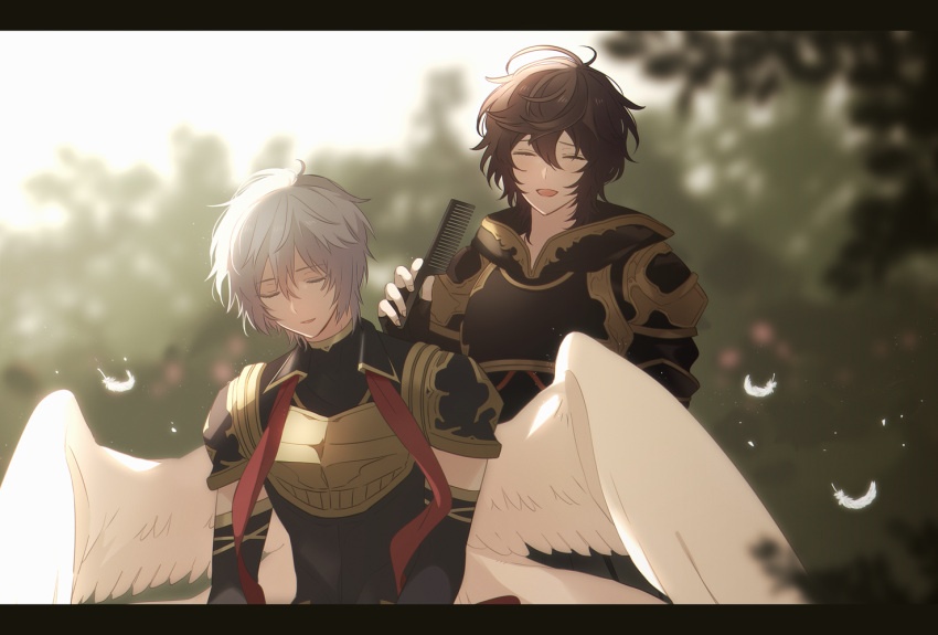 2boys :d ahoge armor blurry breastplate brown_hair closed_eyes comb commentary_request depth_of_field elbow_gloves feathered_wings feathers fingerless_gloves forest gloves granblue_fantasy hair_between_eyes hood hood_down light_particles lucifer_(shingeki_no_bahamut) male_focus messy_hair multiple_boys nature red_ribbon ribbon sandalphon_(granblue_fantasy) short_hair sitting smile tree turtleneck white_feathers white_hair white_wings wings yaoi yori_(y_rsy)