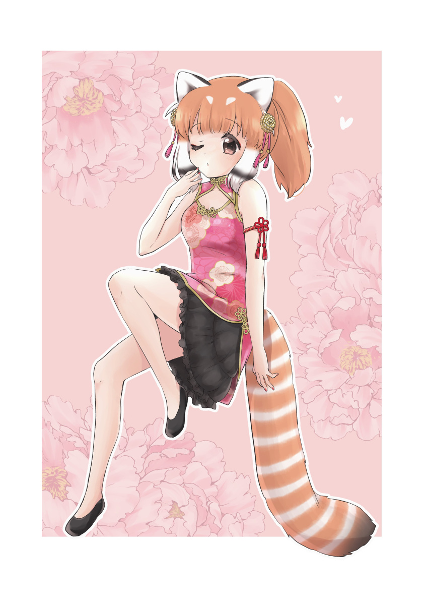 1girl absurdres animal_ears brown_eyes brown_hair china_dress chinese_clothes dress extra_ears flower hair_ornament heart highres kemono_friends kuromitsu_(9633_kmfr) long_hair looking_at_viewer one_eye_closed pink_background red_panda_(kemono_friends) red_panda_ears red_panda_girl red_panda_tail ribbon shoes simple_background skirt solo tail