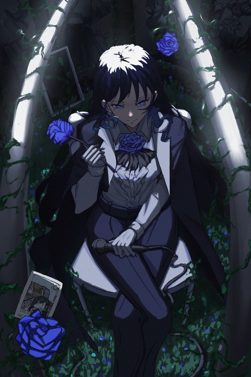 1girl ado_(utaite) black_bow black_bowtie black_coat black_hair black_pants blue_eyes blue_flower blue_rose bow bowtie chando_(ado) closed_mouth cloud_nine_inc coat coat_on_shoulders collared_shirt crossed_legs empty_picture_frame feet_out_of_frame flower gloves highres holding holding_microphone kaze_(user_znss3874) long_hair long_sleeves microphone night on_chair overgrown pants photo_(object) picture_frame plant revision rose shirt sitting smile solo spotlight v vines white_gloves white_shirt wish_(ado)