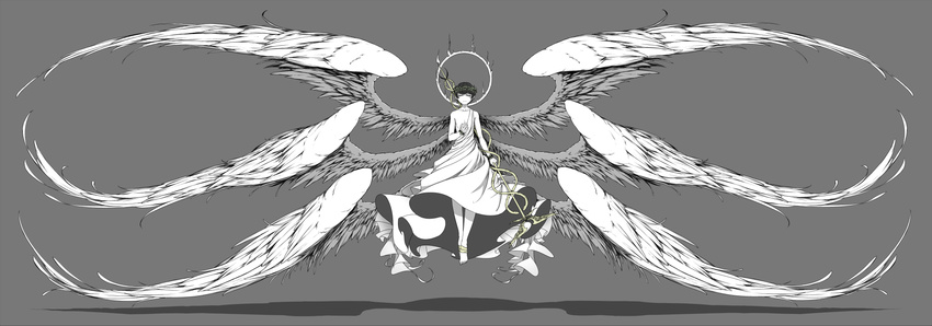 alternate_costume animal arm_at_side bare_shoulders black_hair chest closed_eyes collarbone feathered_wings floating frills full_body grey_background halo head_wreath highres holding holding_staff holding_weapon limited_palette male_focus matsuno_choromatsu multiple_wings no_shoes osomatsu-kun osomatsu-san seraph shadow silentcity simple_background snake solo staff toga weapon white_skin wings