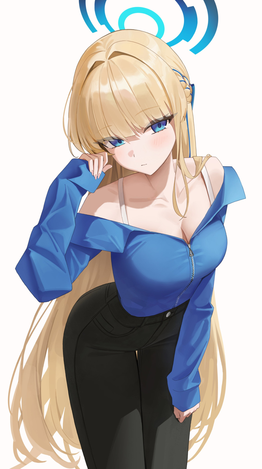 1girl absurdres alternate_costume black_pants blonde_hair blue_archive blue_eyes blue_shirt braid breasts cleavage collarbone commentary expressionless french_braid halo hand_on_own_thigh highres light_blush long_hair medium_breasts off_shoulder pants shirt simple_background single_braid ske4682 sleeves_past_wrists solo thigh_gap toki_(blue_archive) very_long_hair white_background