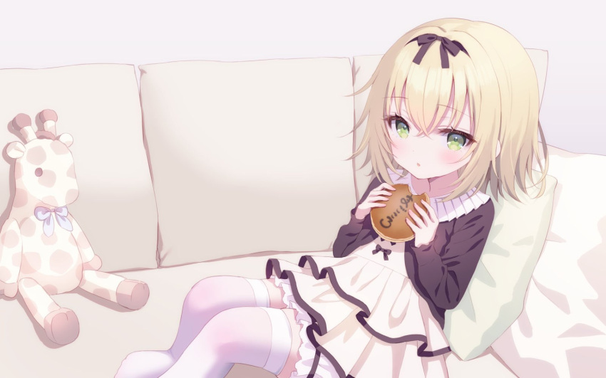 1girl :o black_bow black_jacket blonde_hair bloomers bow chitosezaka_suzu commentary_request commission couch dress food green_eyes grey_background hair_between_eyes hair_bow highres holding holding_food jacket layered_dress long_sleeves looking_at_viewer no_shoes on_couch original parted_lips pillow simple_background sitting skeb_commission sleeves_past_wrists solo stuffed_animal stuffed_giraffe stuffed_toy thighhighs white_bloomers white_dress white_thighhighs